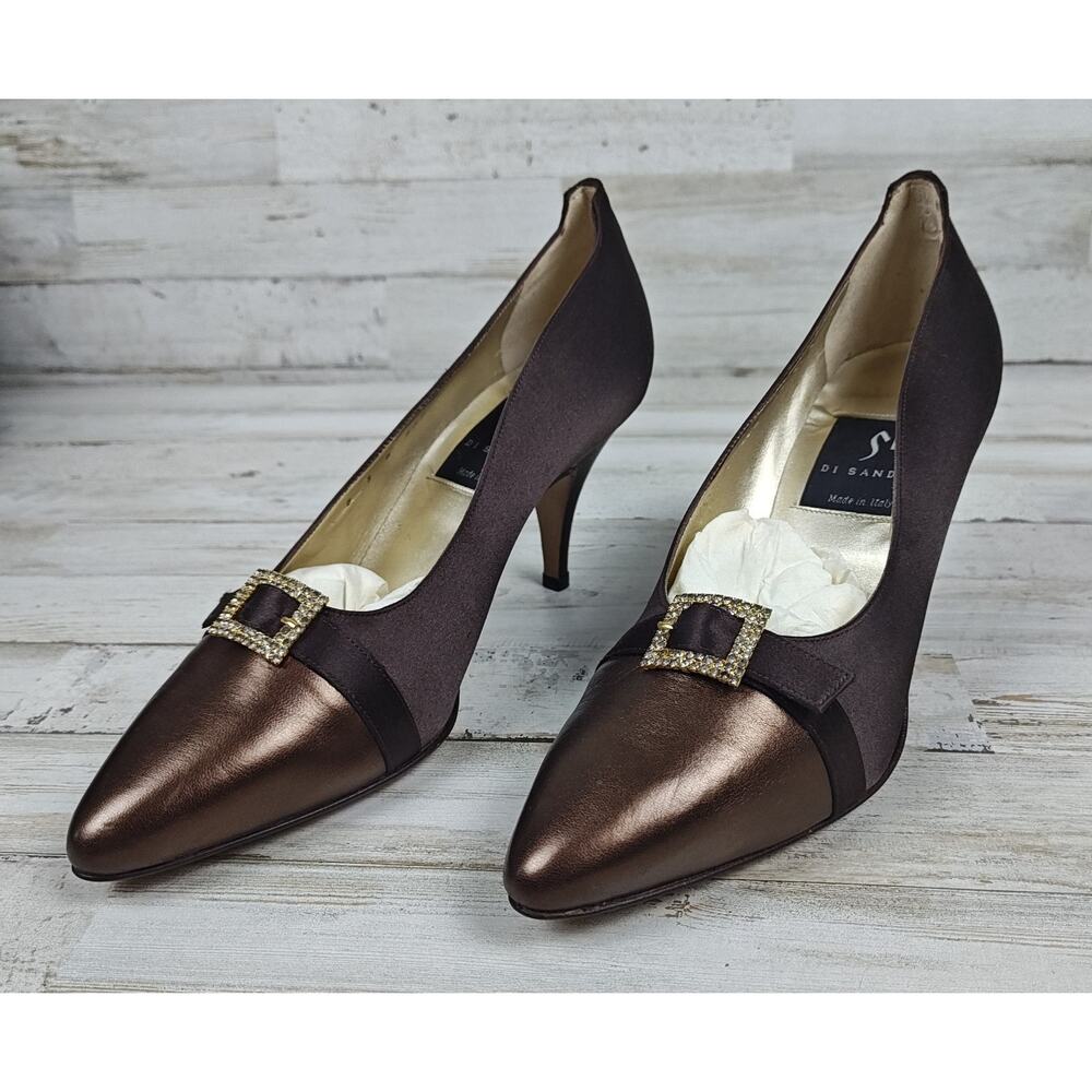Di Sandro Pumps Brown Satin/Metallic Bronze Leather W/Rhinestone Buckle US9/EU40